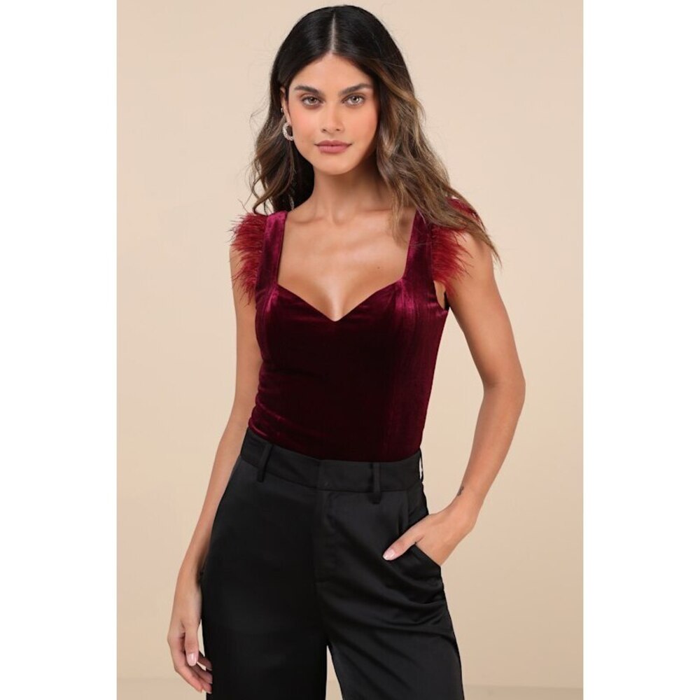 Lulus Fabulous Vibe Plum Velvet Feather Sleeveless Bodysuit Purple - Size S